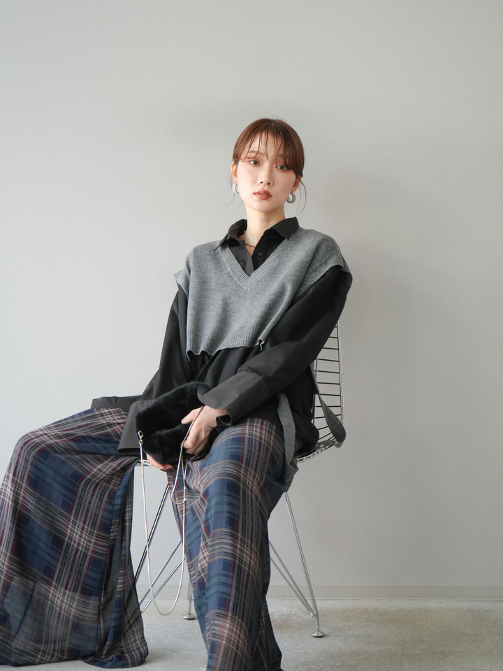 [予約]サイドリボンVネックショートニットベスト/チャコール