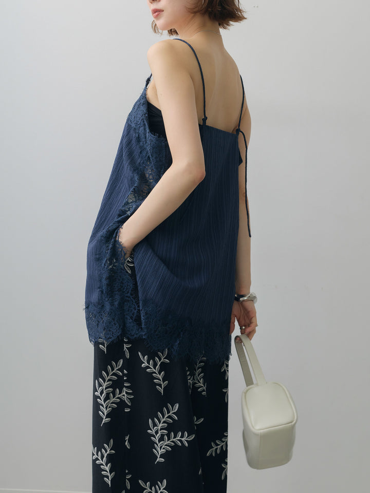 [予約]ワッシャーテクスチャーレーストリムキャミソール/navy