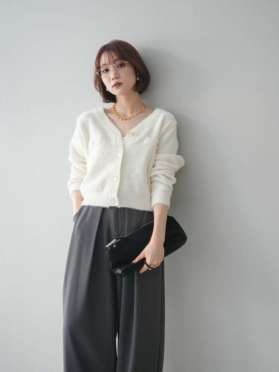 [SET]ゴールドボタンモールニットカーディガン+ベルトループデザインワイドパンツ(2set)