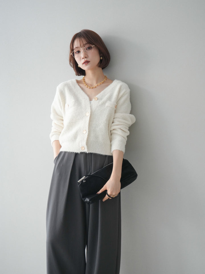 [SET]ゴールドボタンモールニットカーディガン+ベルトループデザインワイドパンツ(2set)