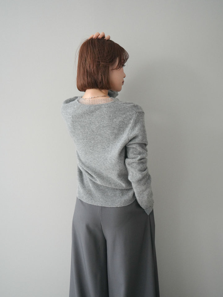 [SET]ドットチュールレイヤードボタンニットトップス+テープベルトタックバギーパンツ(2set)