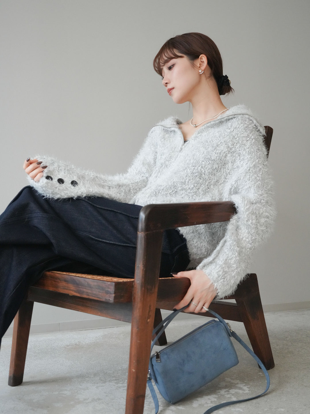 [予約]ミックスシャギージップニットカーディガン/ivory