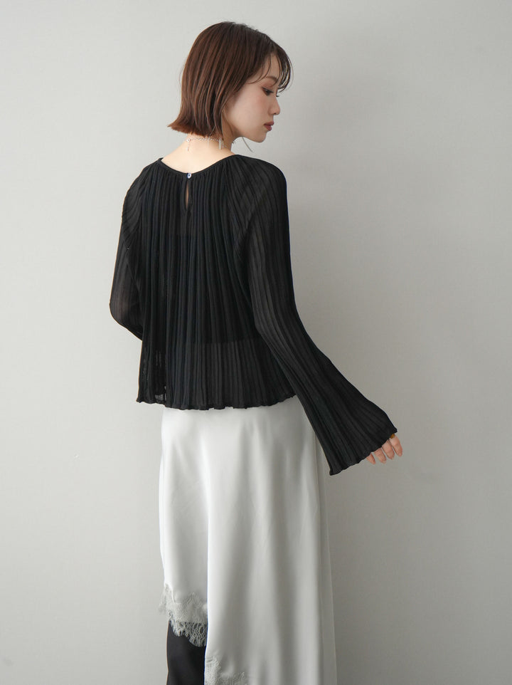 [SET]プリーツシアーフレアスリーブニットトップス+センターシームフレアパンツ+サテンライクアシメレーススカート(3set)