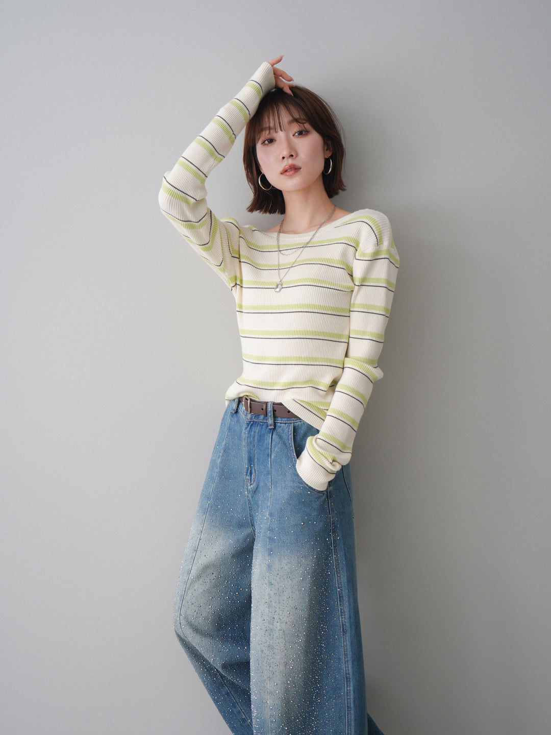 [予約]バックオープンテレコリブマルチボーダートップス/ivory