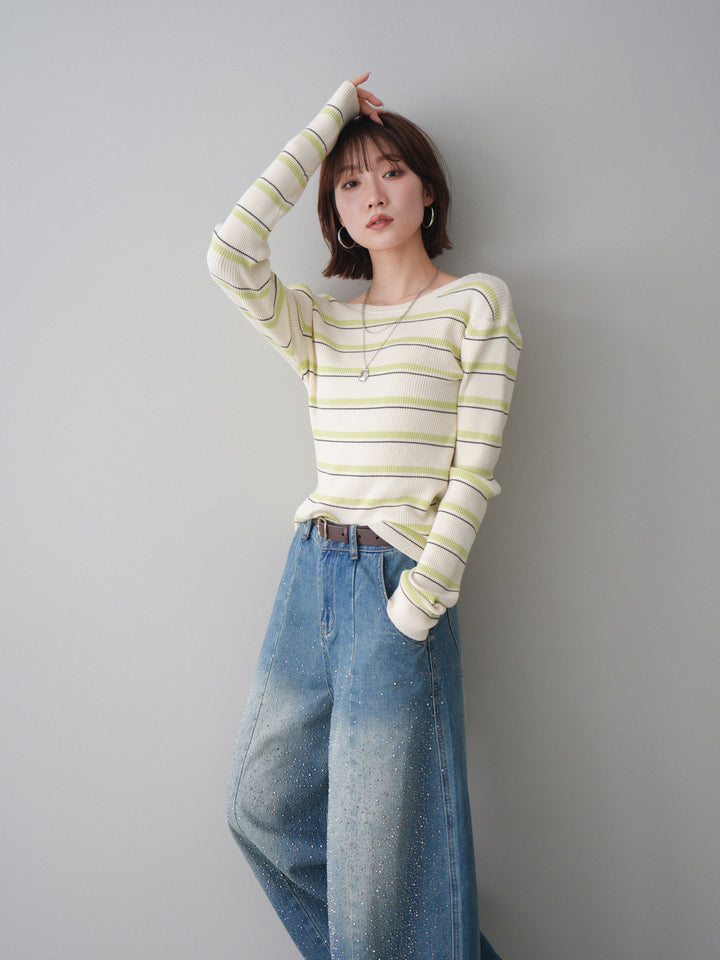 [予約]バックオープンテレコリブマルチボーダートップス/ivory