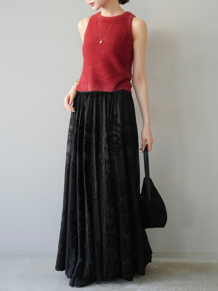 [予約]アンティーク柄フロッキーマキシスカート/ブラック