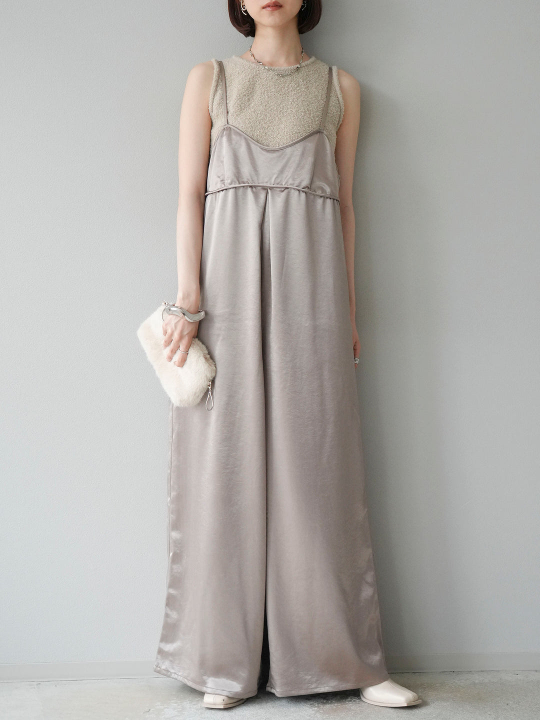 [予約]サテンビスチェオールインワン/グレージュ