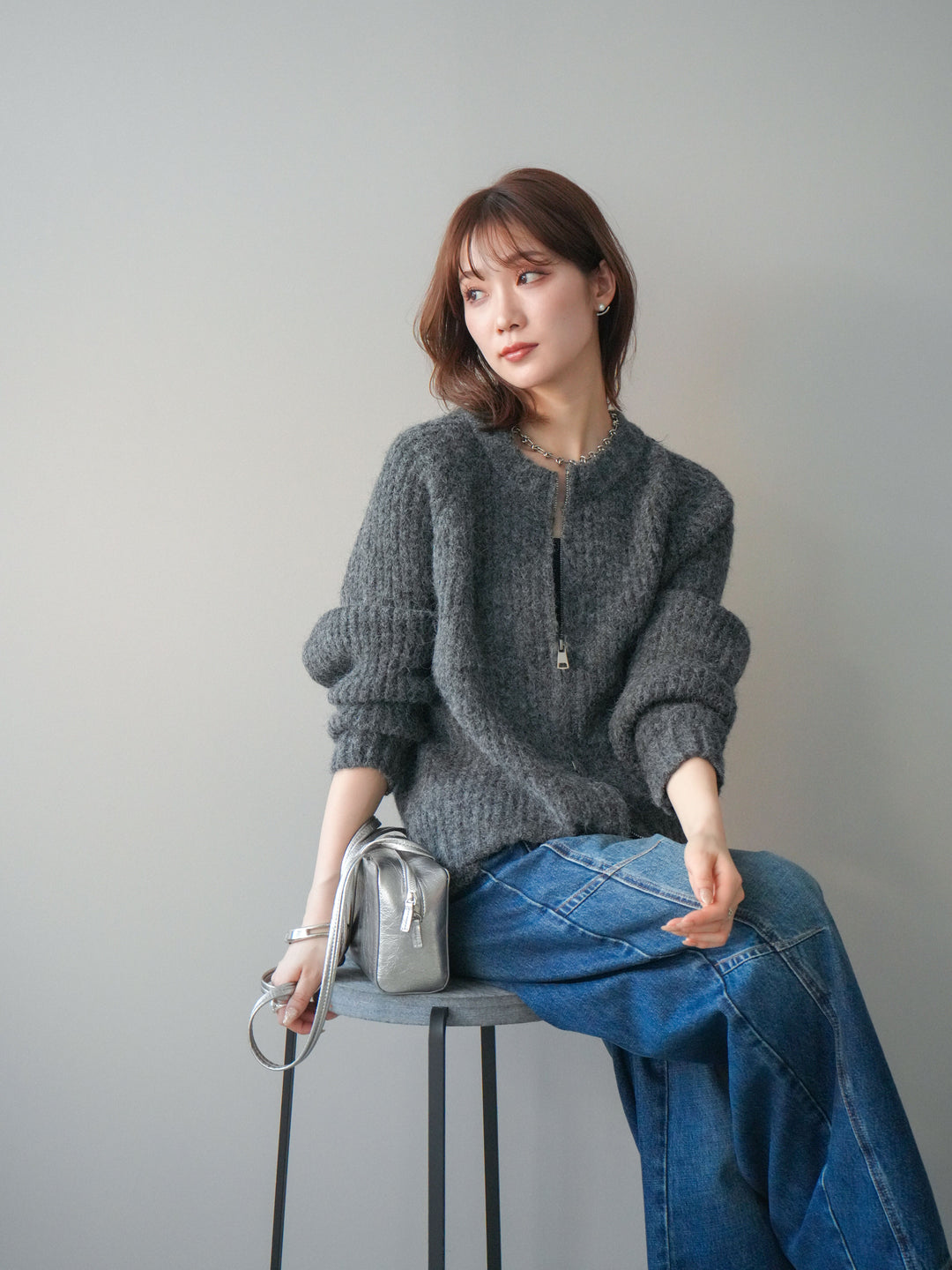 [予約]MIXヤーンモヘアタッチZIPニットカーディガン/gray