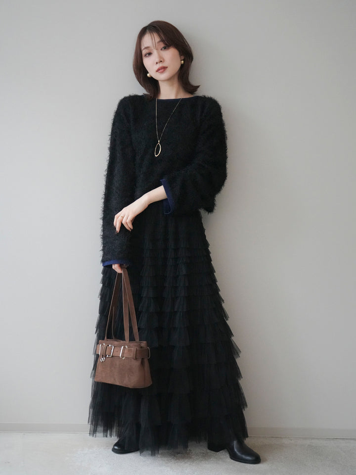 [予約]バイカラー2WAYシャギーニットカーディガン/black