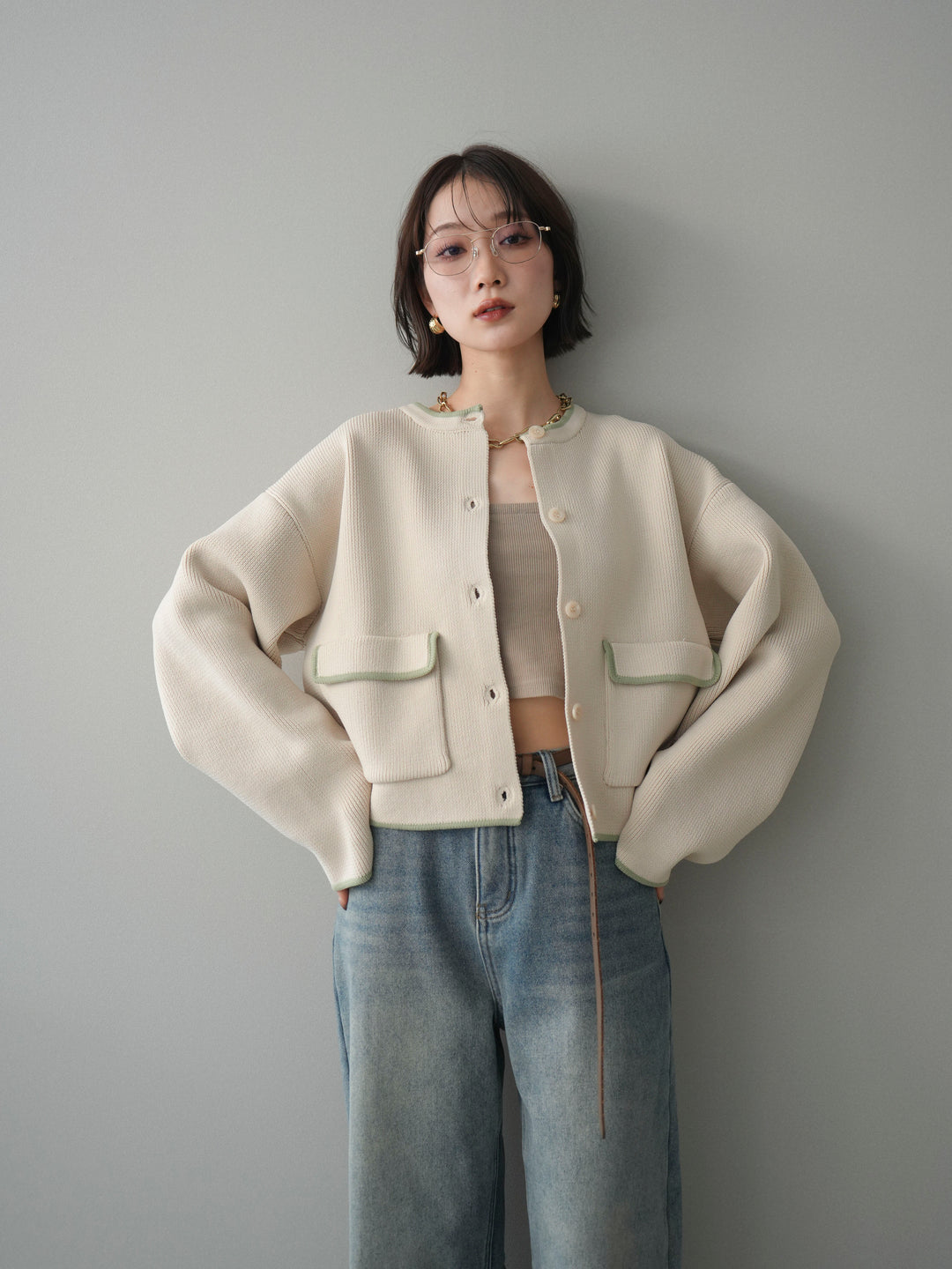 [SET]ポリエステル配色ニットカーディガン+選べるアクセセット(2set)