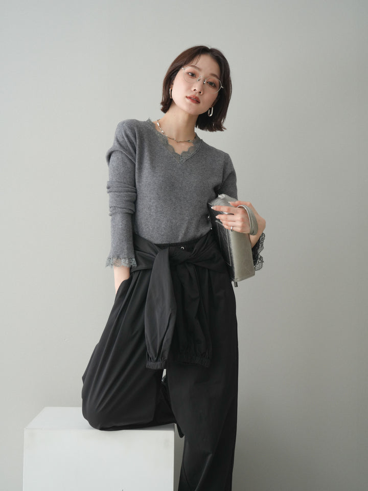 [予約]レースドッキングVネックニットトップス/gray