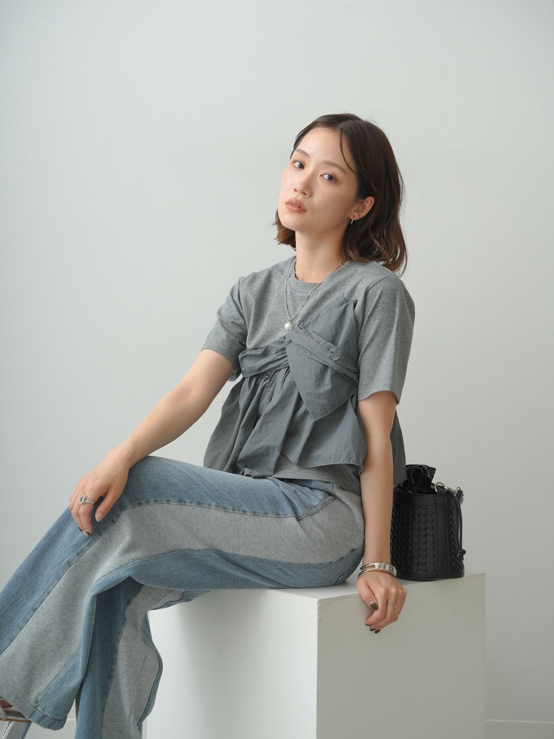 [SET]ナイロンドッキングツイストTEE +デニム切替スウェットパンツ(2set)
