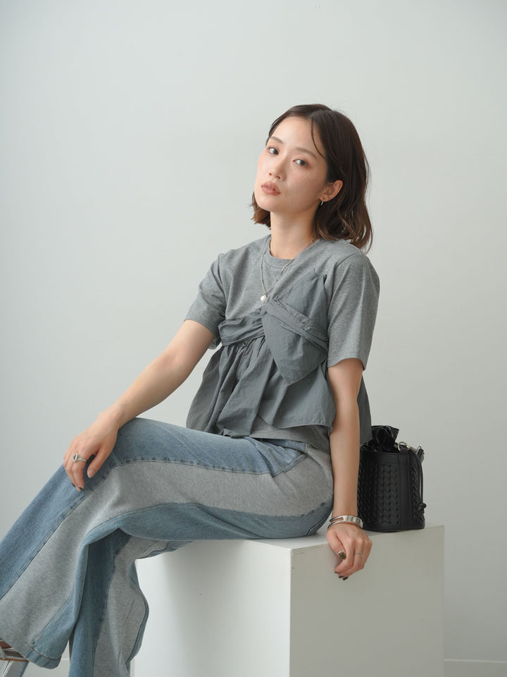 [SET]ナイロンドッキングツイストTEE +デニム切替スウェットパンツ(2set)