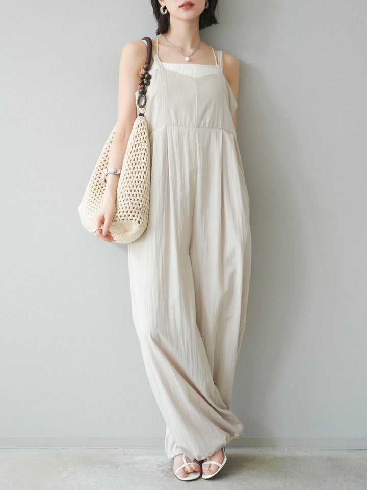 [SET]リネンライクビスチェデザインサロペット+ダブルストラップカットリブブラキャミソール(2set)