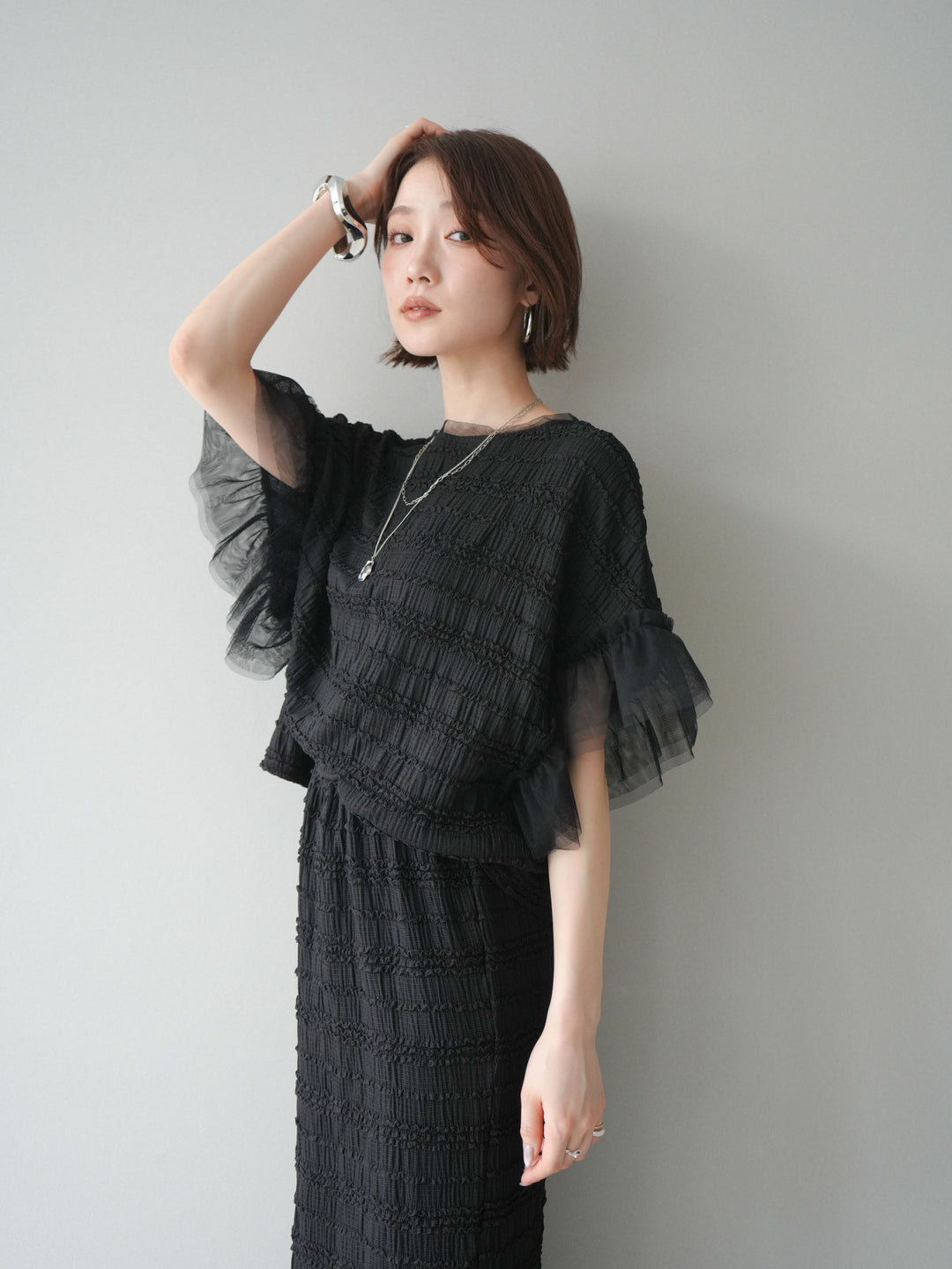 [SET]チュール袖リップルトップス+リップルIラインスカート(2set)