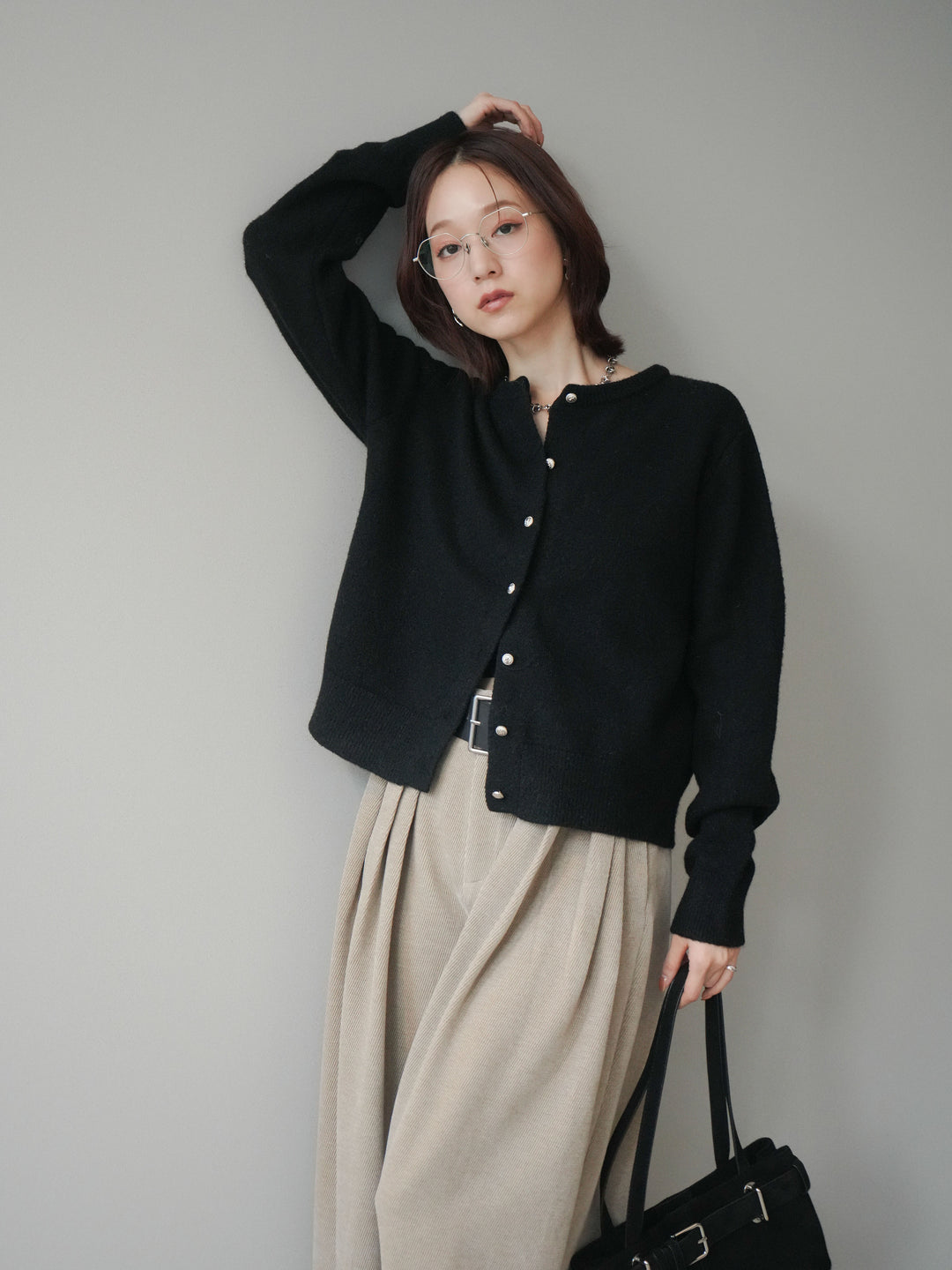 [SET]アンティークボタンニットカーディガン+ベルトデザインループコールテンワイドパンツ(ベルト付き)(2set)