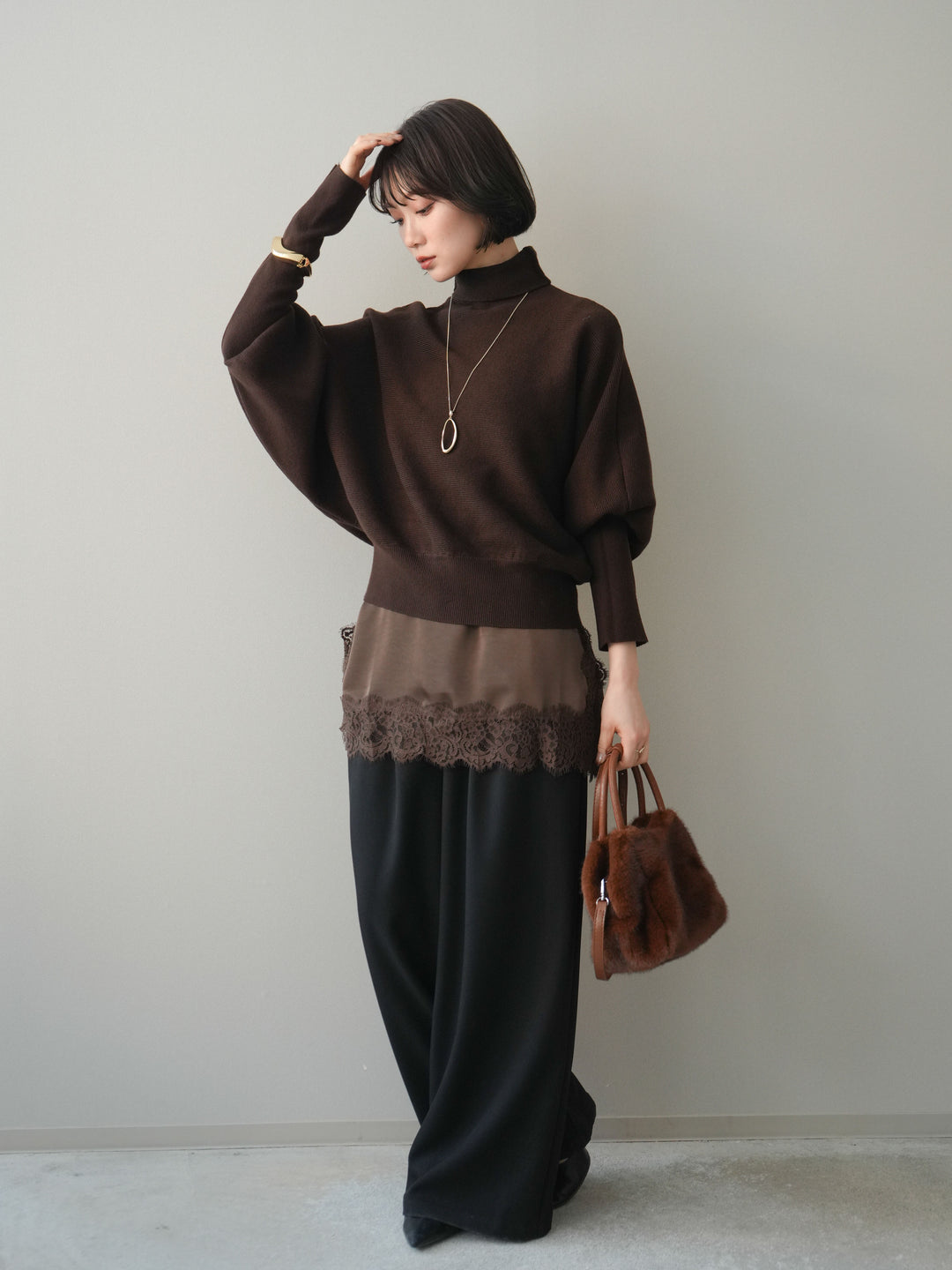 [予約]ウエストレースタックワイドパンツ/black