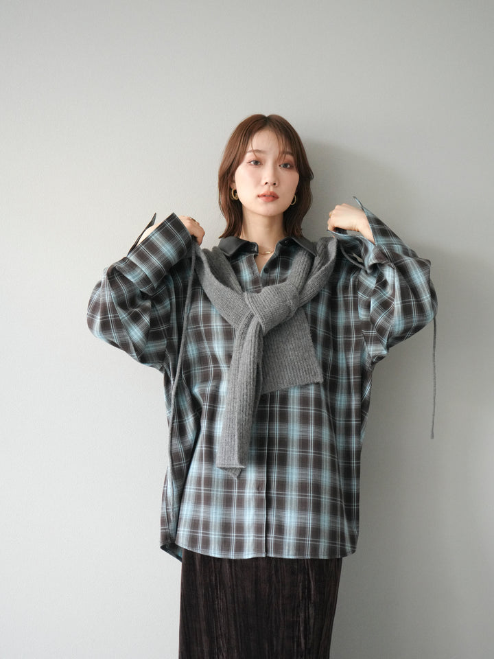 [SET]レザー襟オンブレチェックオーバーシャツ +クラッシュベロアナロースカート(2set)