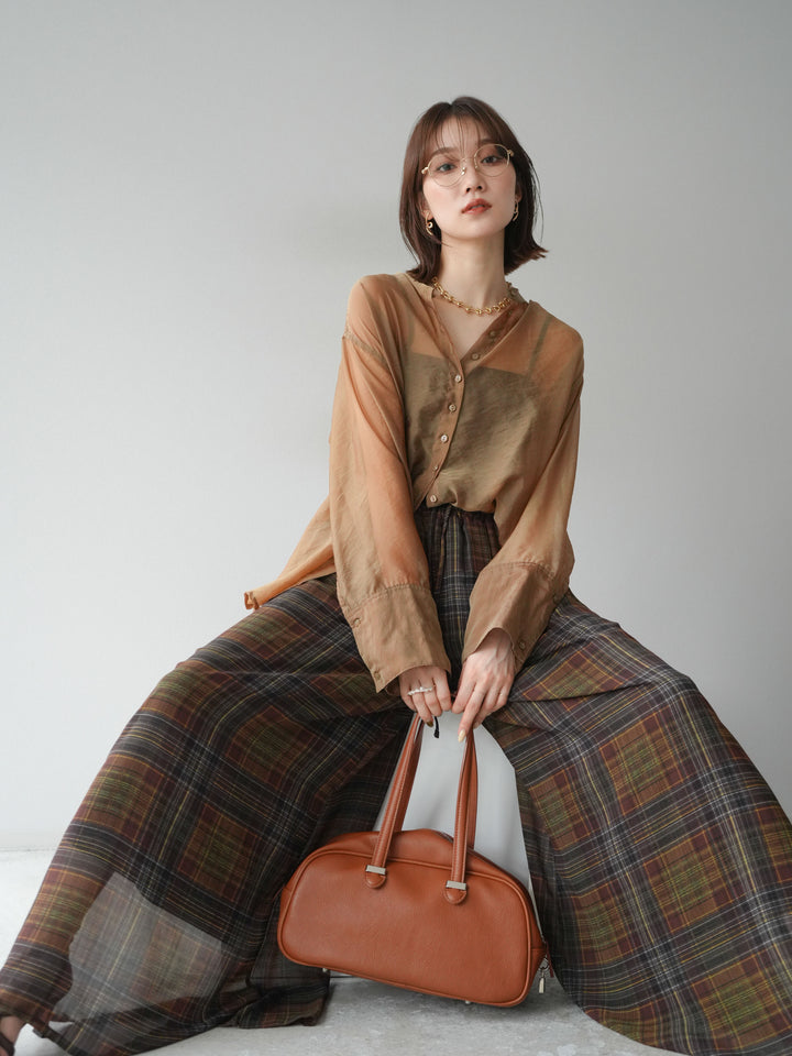 [SET] 亮面透視立領襯衫 + 透視格紋寬鬆褲 (2 件套)