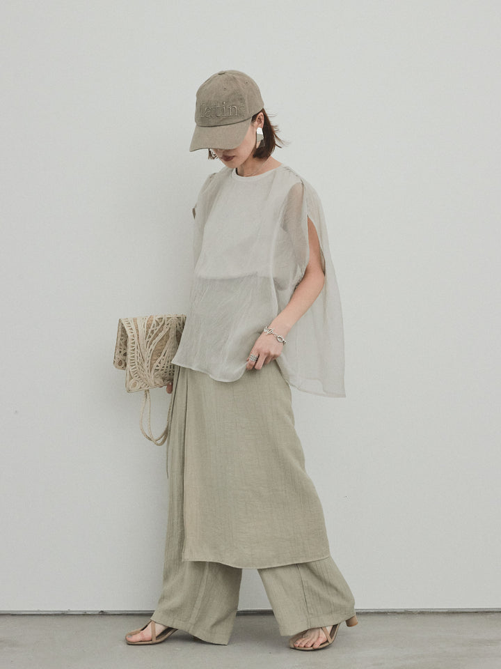 [SET]コンパクトスムースシアーレイヤードトップス+ワッシャーサテンレイヤードスカートパンツ(2set)