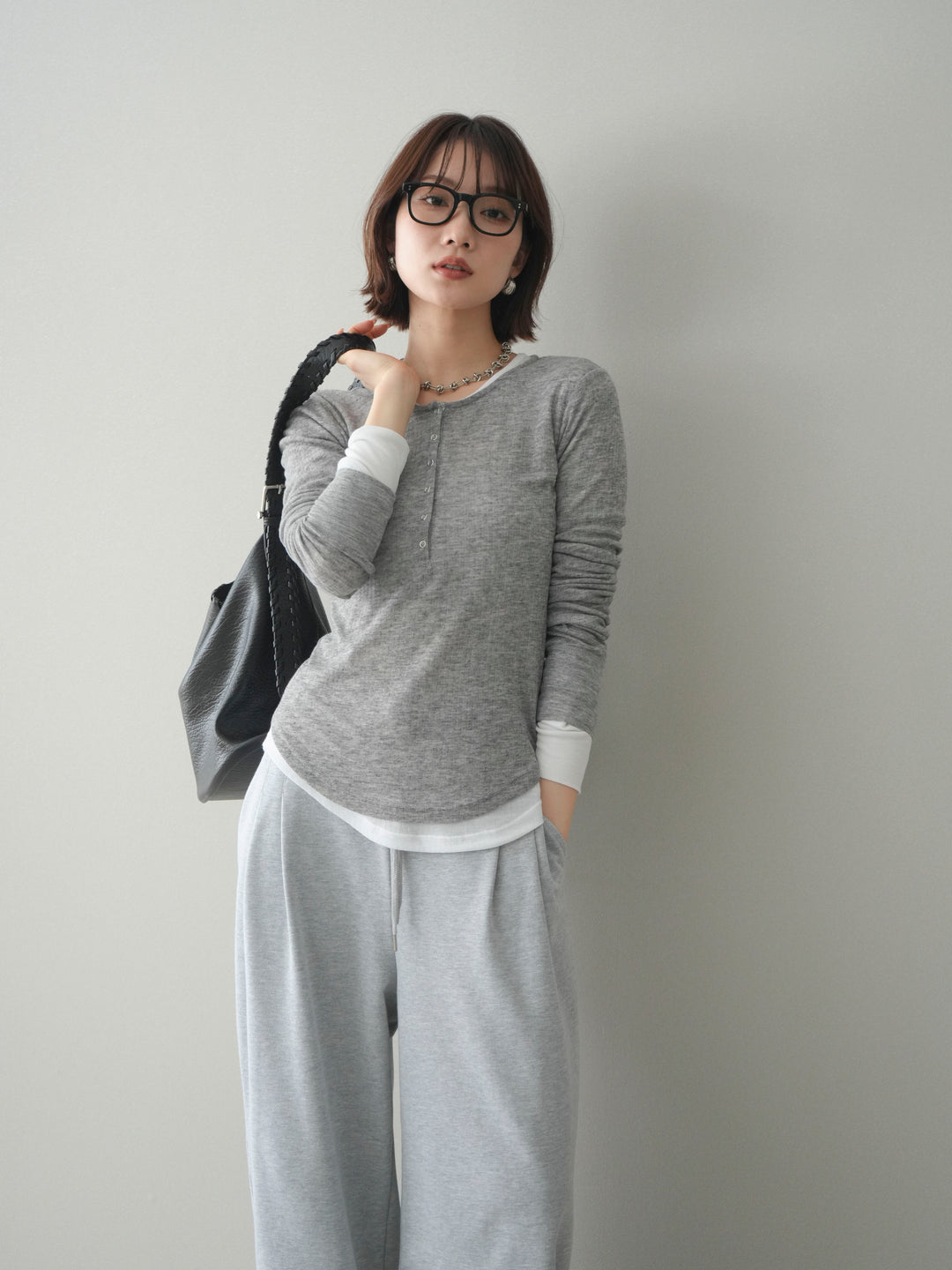 [予約]シアーリブヘンリーネックロンT/gray