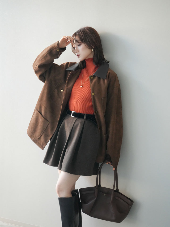 [SET]襟レザーステンカラースエードジャケット+ベルト付きタックミニスカート(2set)