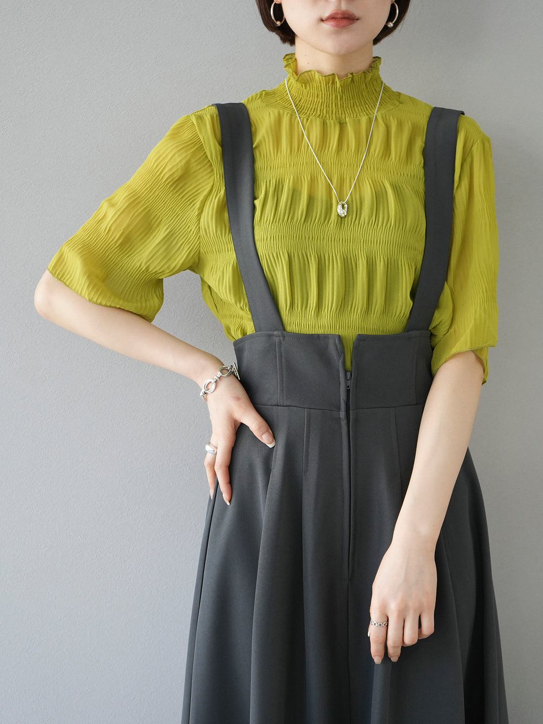 [SET] Shirring chiffon half sleeve blouse + 2WAY flare jumper skirt (2set)