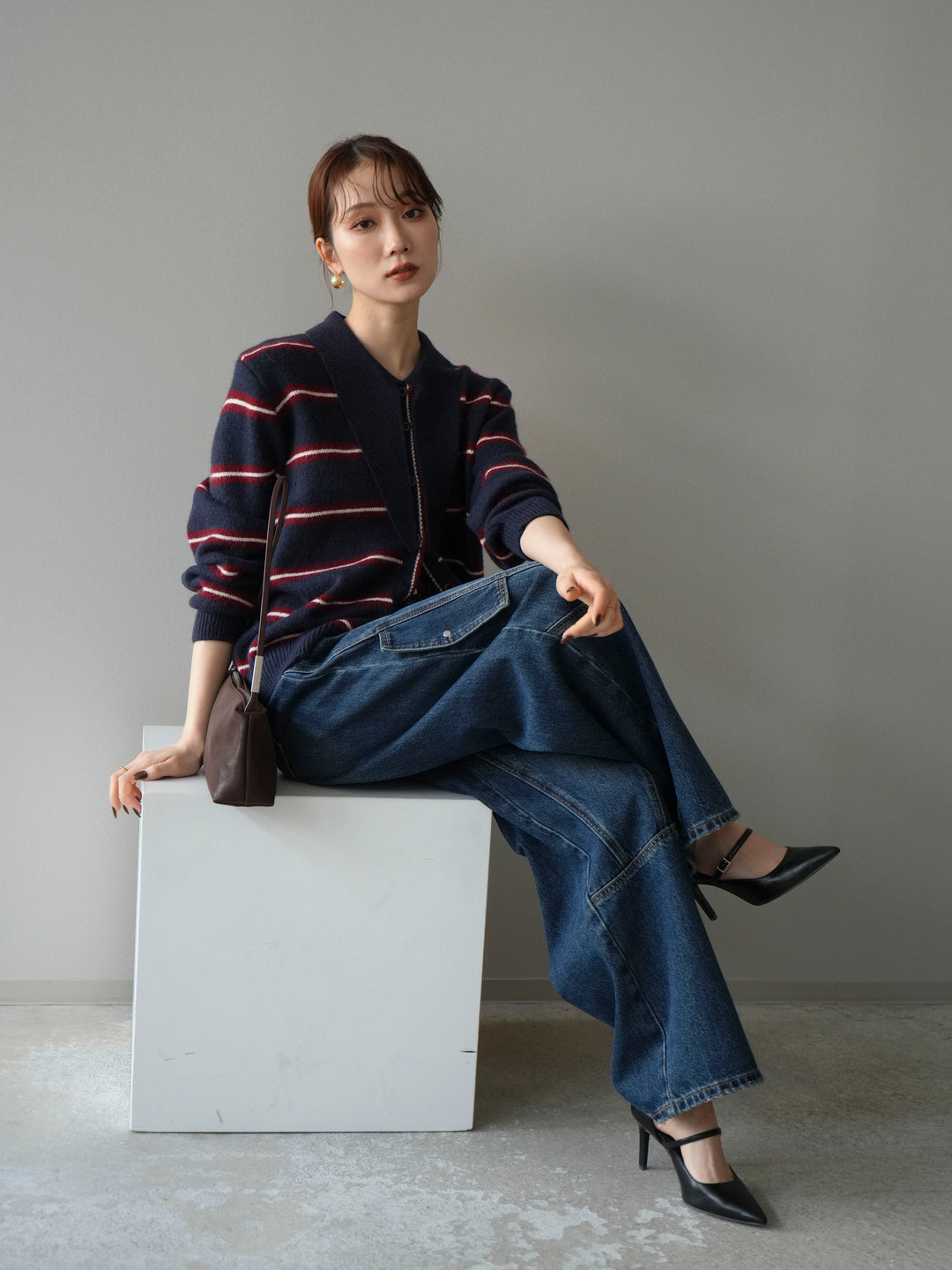 [予約]ボウタイボーダーニットカーディガン/navy