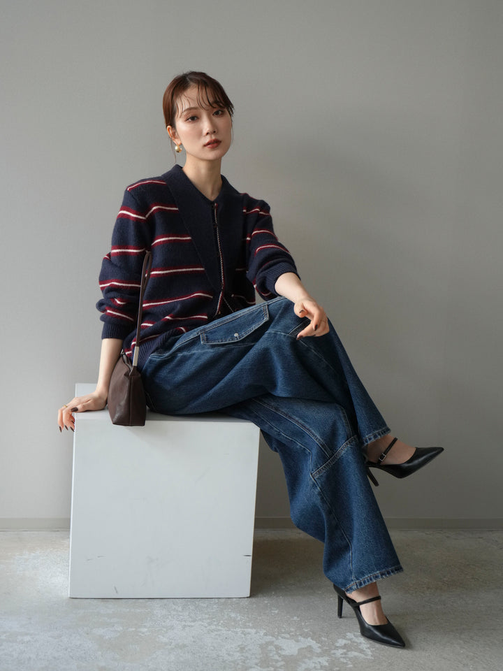 [予約]ボウタイボーダーニットカーディガン/navy