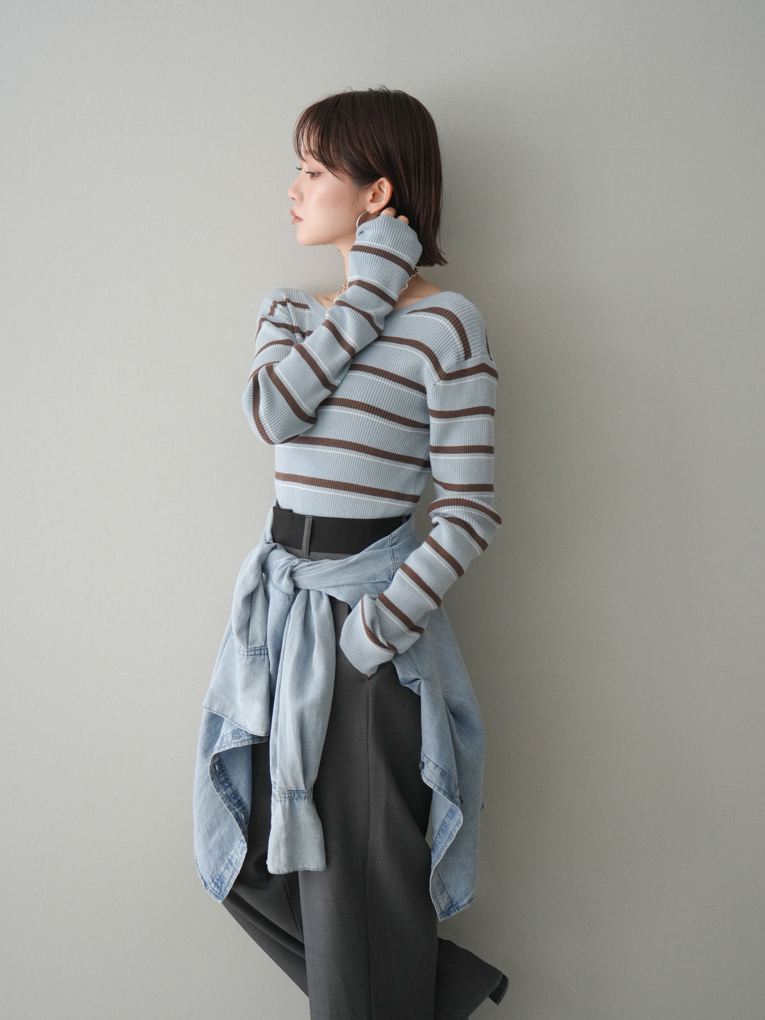 [予約]バックオープンテレコリブマルチボーダートップス/blue