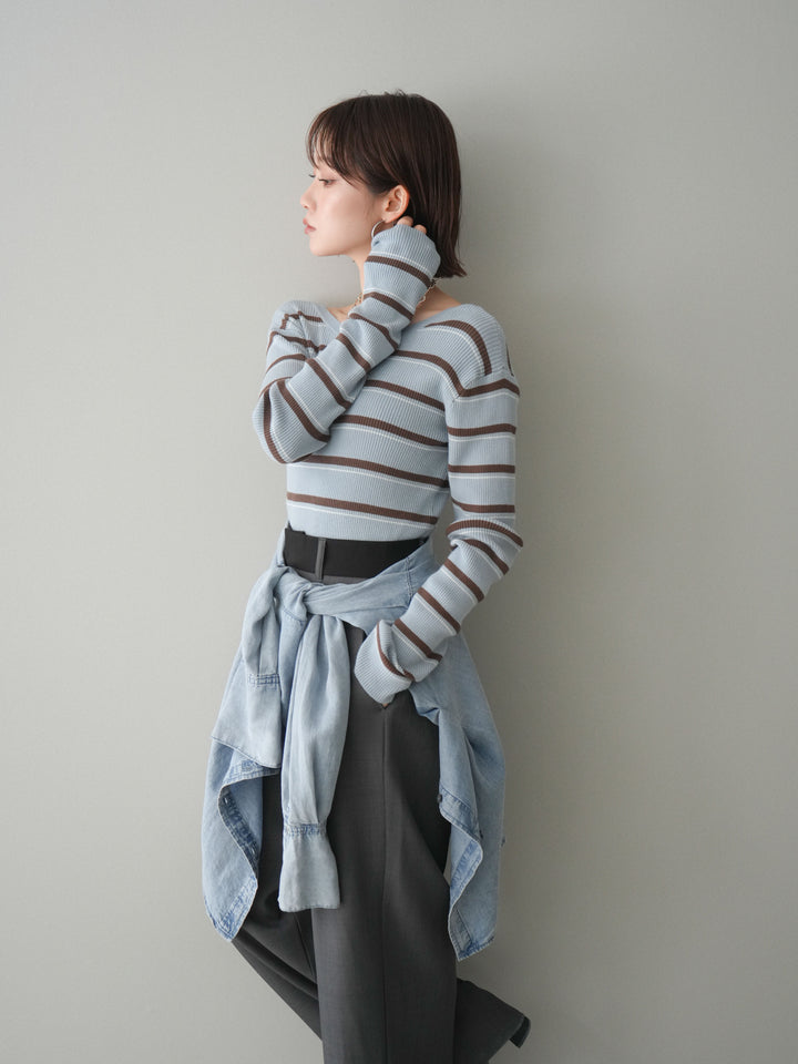 [予約]バックオープンテレコリブマルチボーダートップス/blue