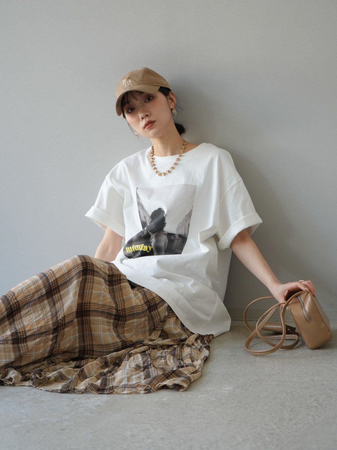 [SET]ネオンロゴフォトプリントBIG Tシャツ+シアーチェックアシンメトリーワッシャースカート(2set)