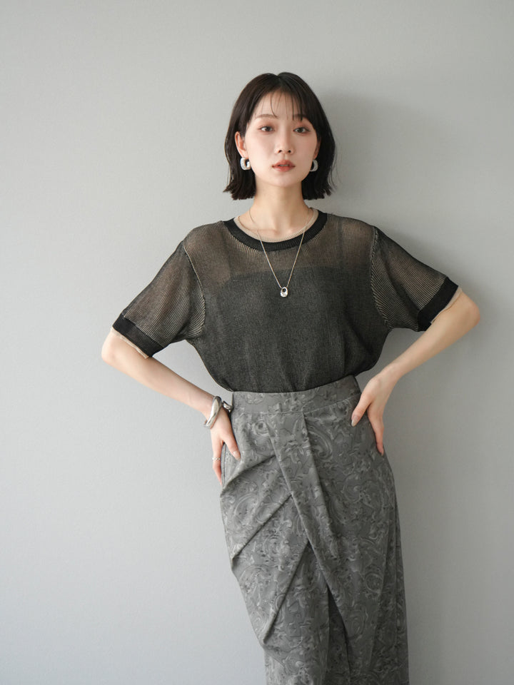 [SET]リネンタッチ配色二重臼ハーフニットトップス+選べるアソート柄スカートセット(2set)