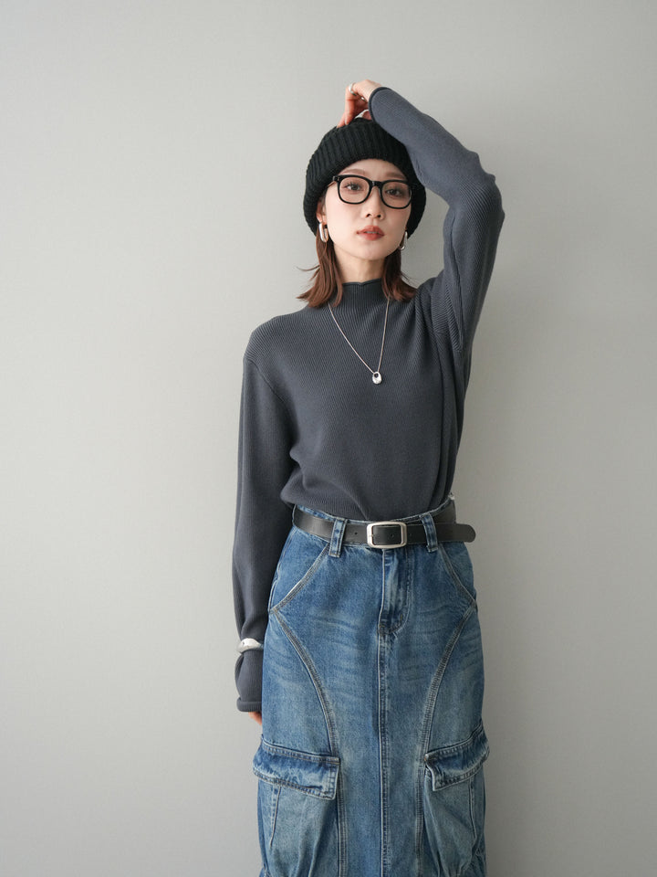 [予約]ボトルネック裾カールリブニットトップス/charcoal