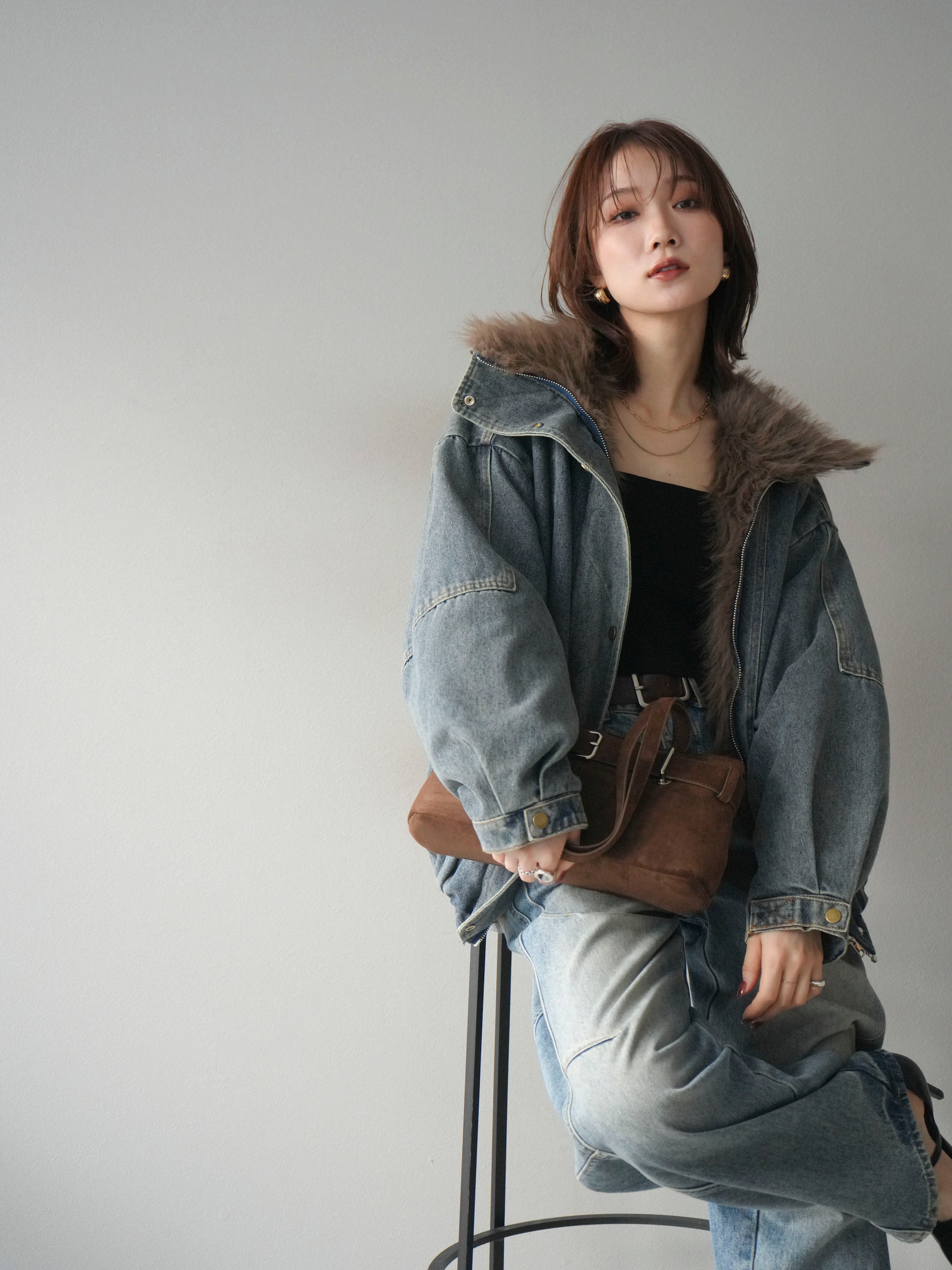 LUMIYUMI ファー襟 中綿入り デニムブルゾン 予約]デニムxファーブルゾン/denimbrown – Lumier