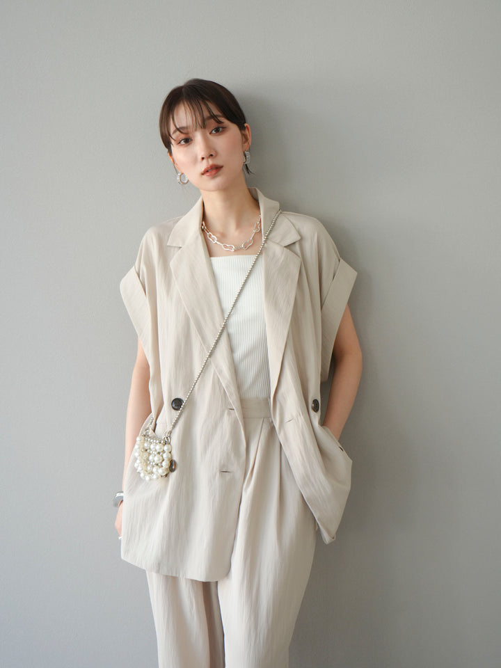 [套裝] 亞麻風格無袖雙背心 + 雙肩帶剪裁羅紋胸罩吊帶背心（2 件套）