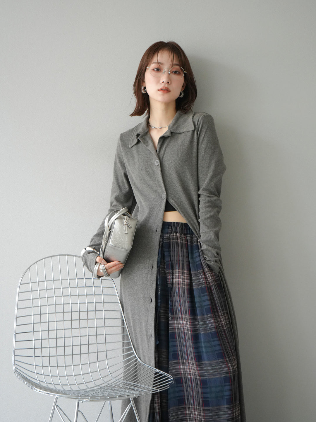 [予約]襟付きカットリブボタンワンピース/チャコール