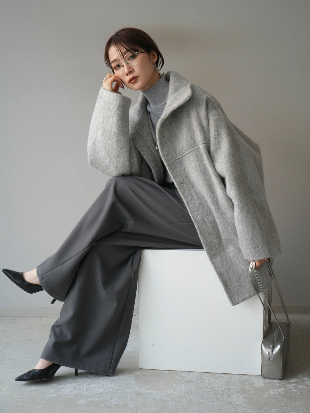 [予約]スタンドカラーシャギーコート/mokugray