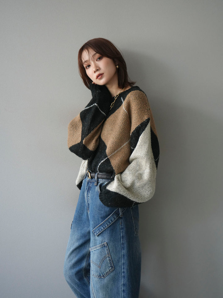 [予約]配色ステッチアーガイル柄ニットプルオーバー/black