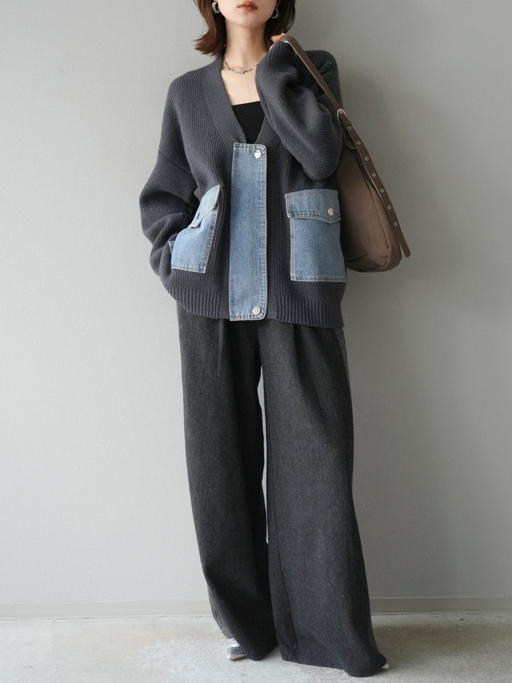 [予約]デニムポケットデザインニットカーディガン/チャコール