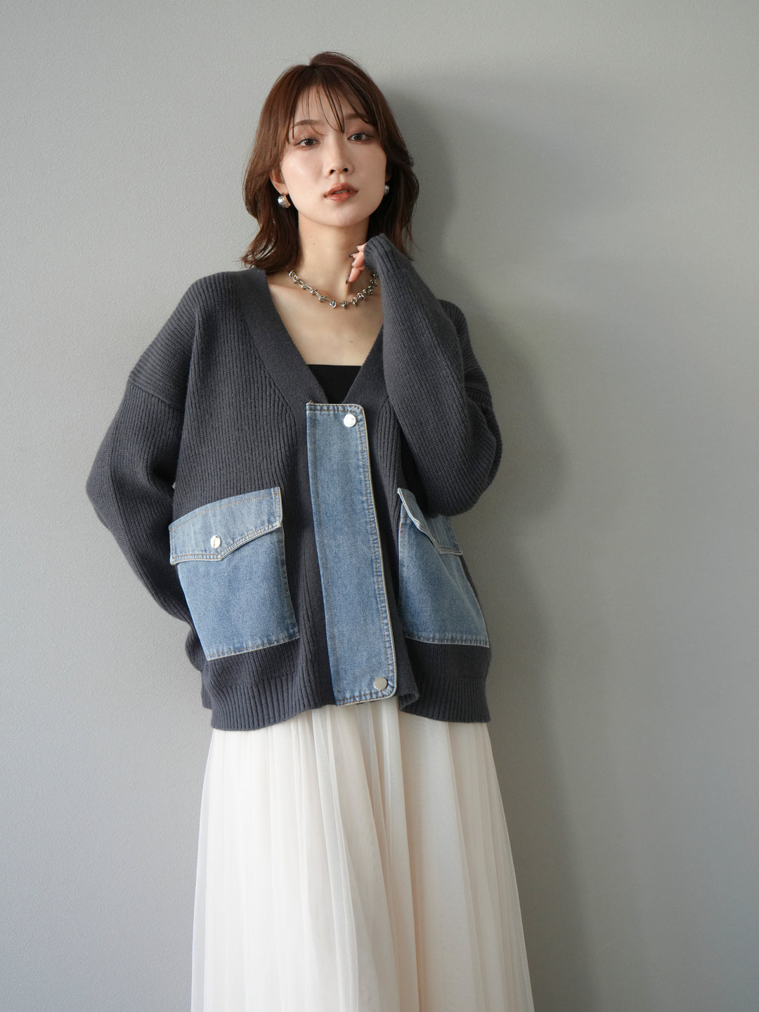 [予約]デニムポケットデザインニットカーディガン/チャコール