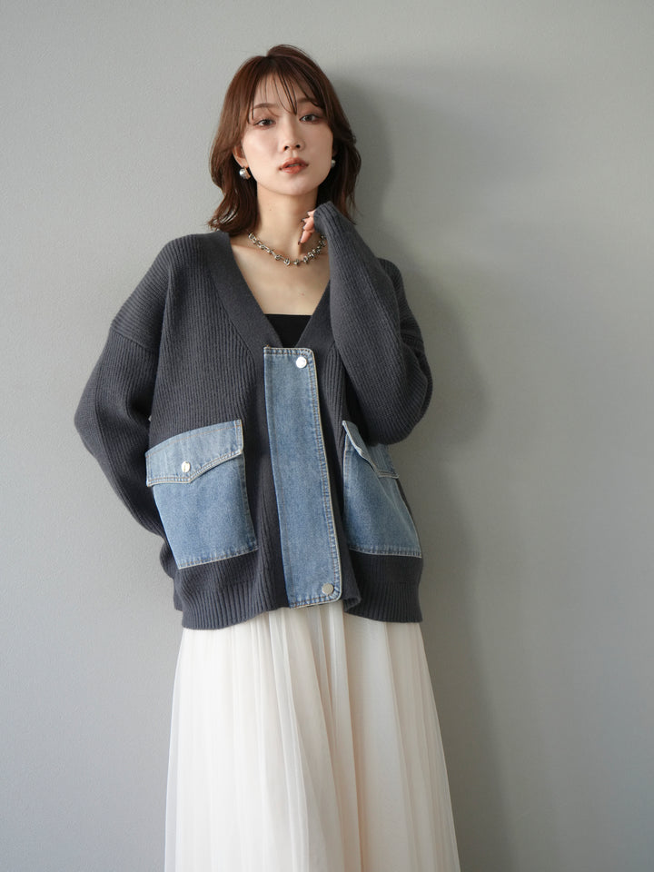 [予約]デニムポケットデザインニットカーディガン/チャコール