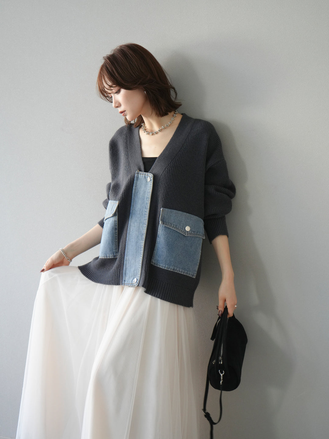 [予約]デニムポケットデザインニットカーディガン/チャコール