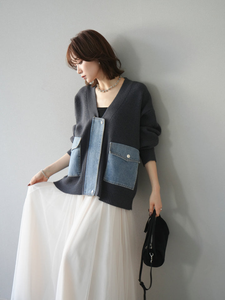 [予約]デニムポケットデザインニットカーディガン/チャコール