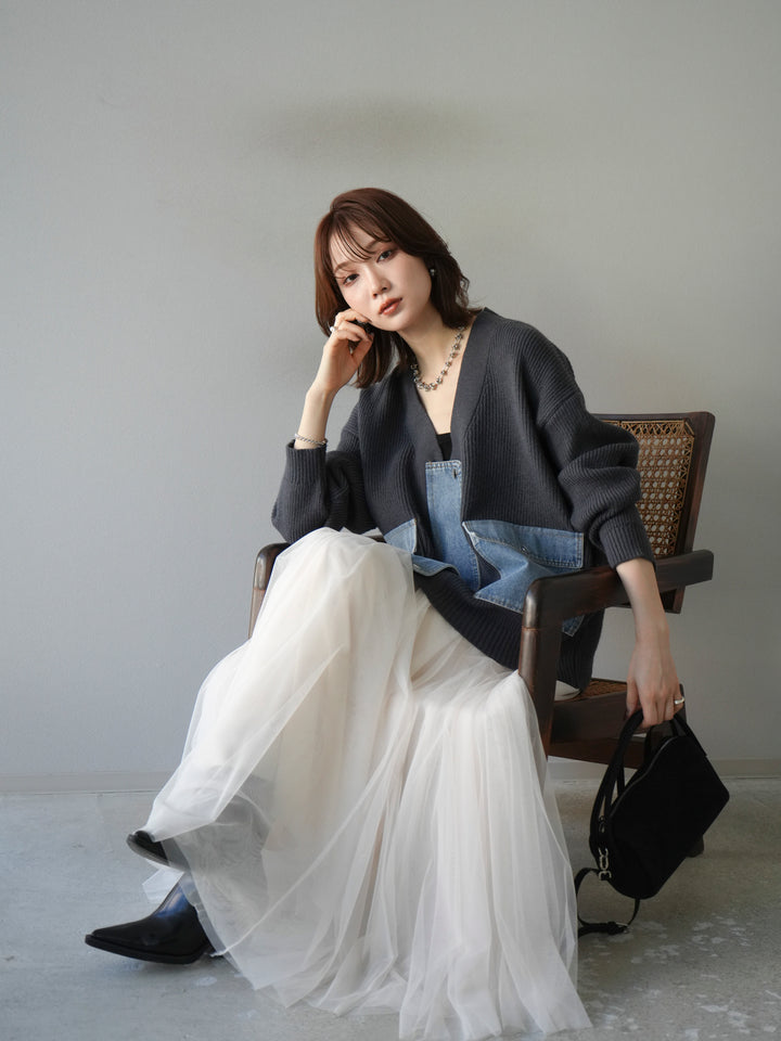 [予約]デニムポケットデザインニットカーディガン/チャコール