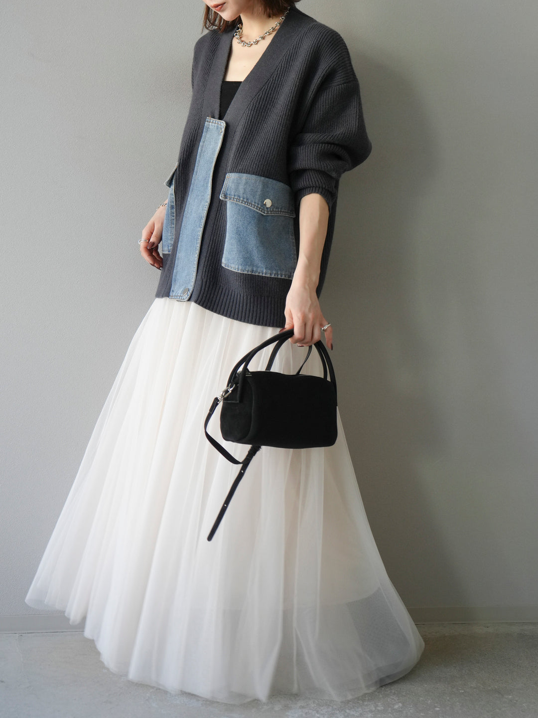 [予約]デニムポケットデザインニットカーディガン/チャコール