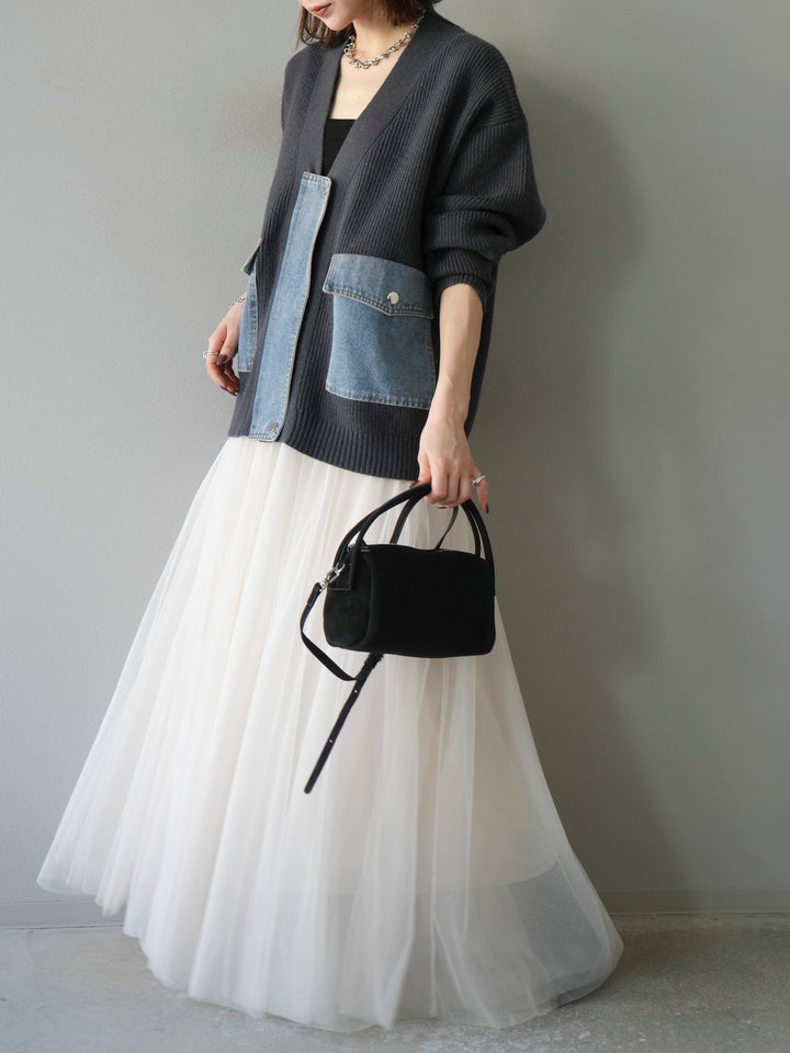 [予約]デニムポケットデザインニットカーディガン/チャコール