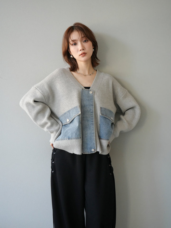 [予約]デニムポケットデザインニットカーディガン/グレー