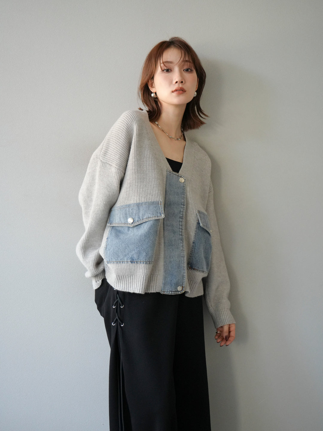 [予約]デニムポケットデザインニットカーディガン/グレー