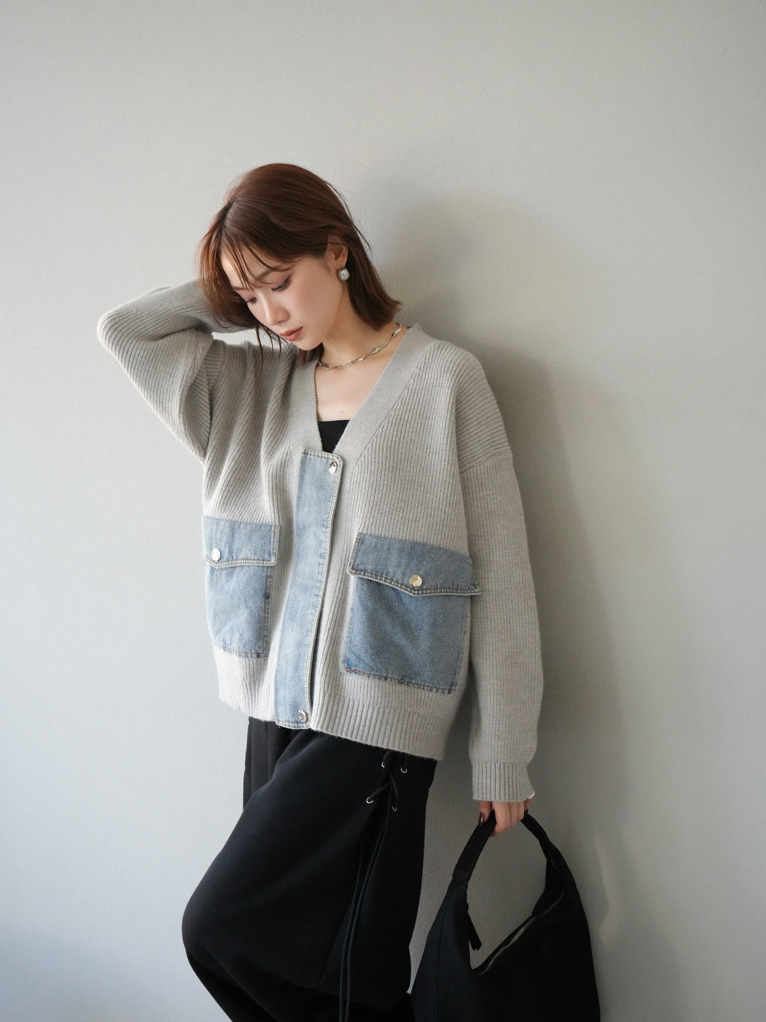 [予約]デニムポケットデザインニットカーディガン/グレー